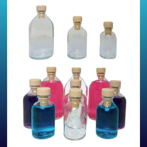 Botellitas de cristal pequeñas para rellenar de 100ml, 50ml y 30ml (12 o 24 uds) Botellas de vidrio vacías multiusos reutilizables para envasar bebidas, licores, con tapón de corcho (180, 100 ml)