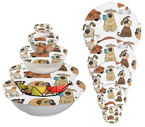 Kcldeci 5Pieces 5 Size Bowl Covers Pattern with Dogs Reusable Elastic Food Storage Cover Stretchy Fabric Cloth Bowl Covers Dish Covers Dough Covers