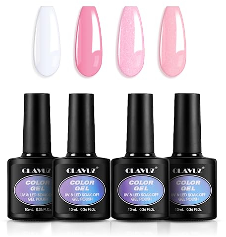 CLAVUZ Vernis Semi Permanent, 4 Couleurs Blanc Rose Paillettes Vernis à Ongles Gel Soak Off UV/LED Semi-permanent Manucure Kit Pour Salon De Manucure DIY Home, 10ml