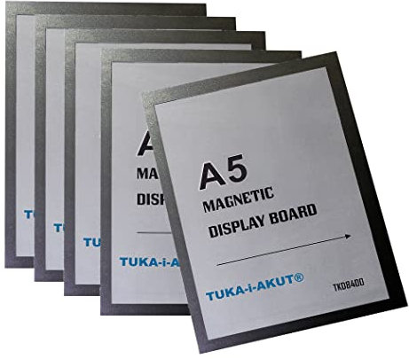 TUKA-i-AKUT 5st. A5 Info-Rahmen Selbstklebend mit Magnetverschluss, Einstecktasche Infotasche Blatthalter, Schnelles Wechseln von Aushängen, Aufklappbarer Magnetrahmen Farbe Schwarz, TKD8400-A5-5x