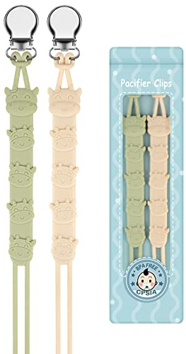Kowlone Attache Sucette Silicone Vache Soothie Tétine Clips Porte Accroche Chaîne pour Garçons et Filles Douche de Bébé 2pcs(Beige,Avocat)