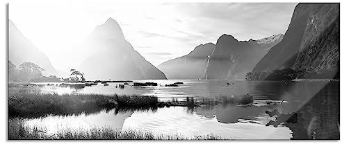 Pixxprint Glasbild Panorama, Wandbild aus Echtglas, Milford Sound Neuseeland, 100x40 cm, inkl. Aufhängung und Abstandshalter