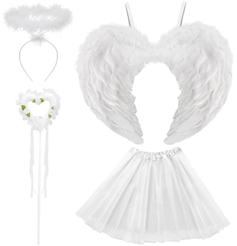 Engel Kostüm Damen Weiße, Tutu-Rock, Engel Flüge, Heiligenschein und Zauberstab, Engelsflügel Deko Kostüm Weiße Tutu-Rock, Weiße Flügel, Halloween Kostüme Cosplay Erwachsenes Angel-White-60cm-B