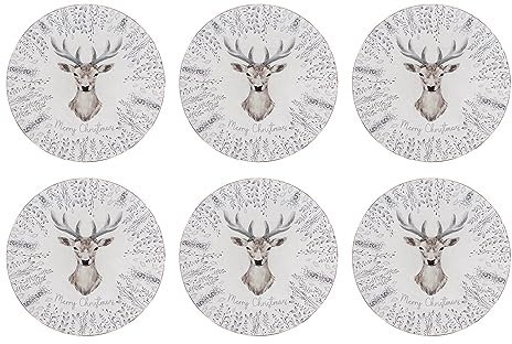 YöL Set Of 6 Christmas Charger Plates White And Grey Stag Design Xmas Lunch Dinner Table Decoration Reusable
