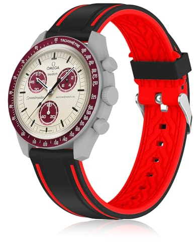 Farluya Silicone Band Compatible with Moonswatch,Soft Waterproof Quick Release Rubber 20mm Replacement Watchband for Omega X Swatch Moonswatch Speedmaster/Rolex/SEIKO for Women Men., black+red