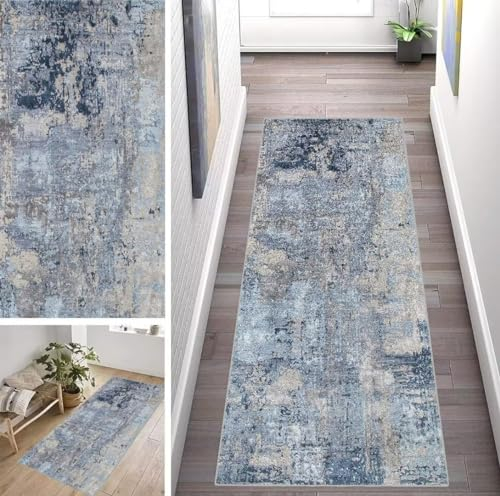 ZUZEKU Abstrakte Bunt Läufer Flur Küche Waschbar rutschfest 40X60cm Vintage Blau und Grau Lang Küchenteppich Flurteppich Teppich Fur Korridor Wohnzimmer Schlafzimmer Meterware Anpassbar