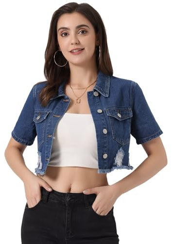 Allegra K Cropped Denim Jacket for Women's Short Sleeve Button Down Frayed Short Jeans Jackets Blue L