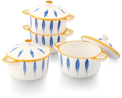Lyveit 4 pirottini in porcellana da 226,8 g, mini casseruola con coperchio e manico per cuocere creme brûlée, salsa, zuppa di cipolle francesi, dessert, cocotte da forno da 12,7 cm, bianco e strisce