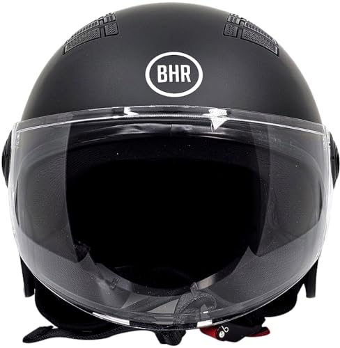 BHR Casco Demi-Jet 834 FLOW - Casco Scooter Estivo Omologato ECE 22.06 con 16 Fori di Aerazione - Casco Motorino con Visiera Antigraffio e Sgancio Micrometrico - Nero Opaco L