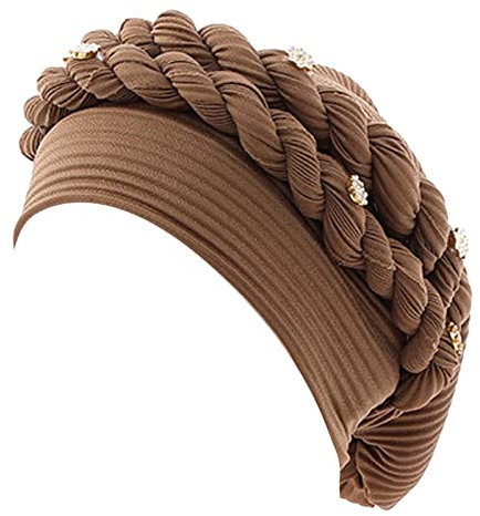 Große Größe, modische Damen-Perlen-Zopfhut, muslimische Rüschen, Krebs, Wickelkappe, Schlafmütze, Satin-gefüttert, Haarhaube, Wollmütze, 5 t, khaki, Einheitsgröße