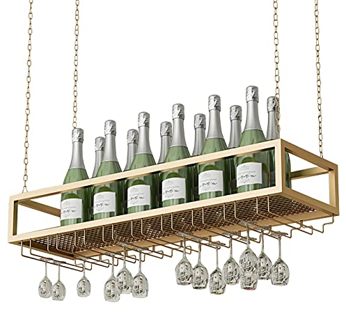 Weinregal aus Metall, Eisenkette, zum Aufhängen, goldfarben, Kelchhalter, Deckenmontage, Dekoration für Bars und Küchen, Stielglashalter, für Weingläser und Flaschen