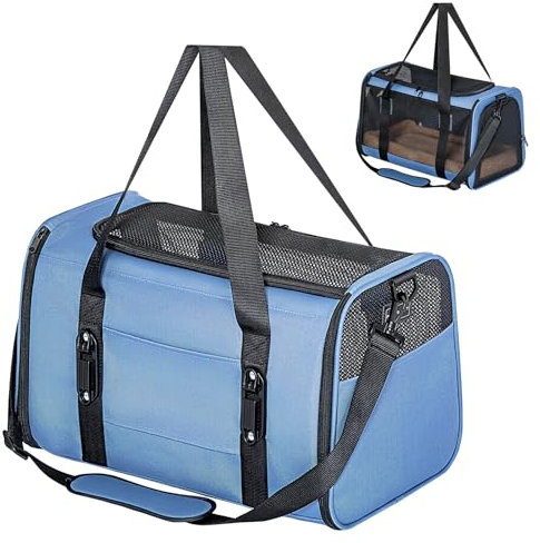Petsfit Transportbox Katze Hundebox Auto Katzentransportbox Transportbox Hund - Faltbare Tragetasche mit 2 Patent-Schnallen für Autositz, 4-seitigem Netz & Abnehmbarem Kissen, M/Blau