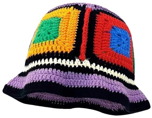 Longyangqk Frauen Stricken Bucket Hats Boho Stricken Bucket Hats handgemachte Cloche häkeln Hüte Fischerhut gestreift Blumen