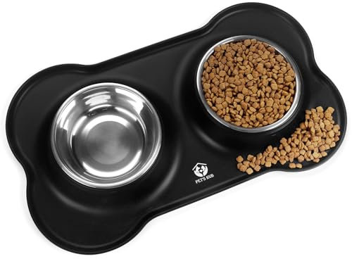 PET'S HUB Pet Feeding Bowl Set, Double Bowls with Silicone Mat Tray for Cats, Puppies, and Small Dogs. (Black, Large)