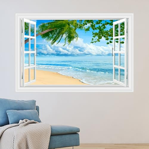 astylishome Bathroom Wall Stickers Summer Art Sticker Palm Tree Beach Bench Decal for Bathrooms Living Room Seaside Scenery Mural Picture for Home Decorations 1605