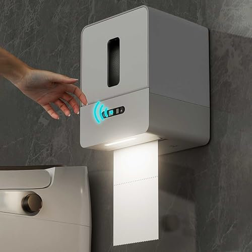 Distributeur de Papier Toilette Automatique Sans Contact,Porte-Papier Toilette Mural avec Etagère de Rangement,Distributeur Essuie Mains Mural,Auto-adhésif Sans Perçage pour Cuisine et Salle de Bain