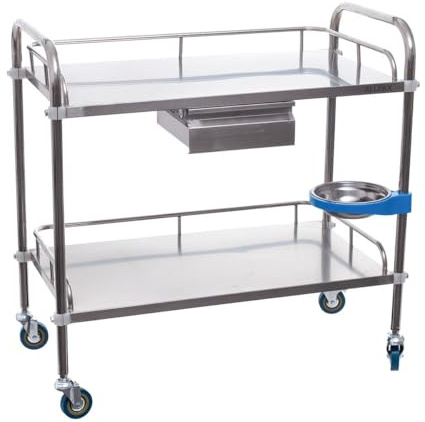 Allpax Laborwagen aus Edelstahl mit 2 Ablagen, einer Schublade und einem drehbaren Mülleimer, 800 x 480 x 860 mm, ca. 90 kg Tragfähigkeit - Materialwagen, Medizinwagen, Küchenwagen