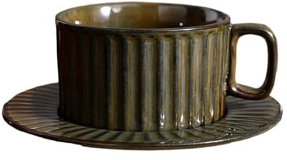 French Kiln Retro Ceramic Mug Set - Tazza da caffè Creativa con Piatto per casa e Ufficio (Colore Bronzo Antico)