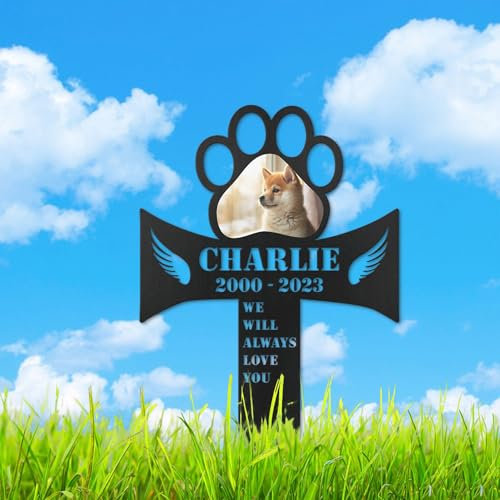 KGYMOT Piquet funéraire personnalisé pour animal de compagnie avec photo - ailes d'ange personnalisées - Piquet de jardin en forme de patte d'animal de compagnie - Piquet en croix pour cour - Cadeau