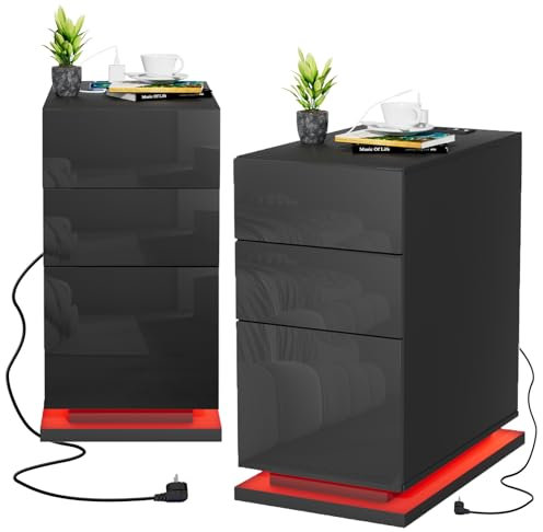 HaodaCulture Nachtkommode 2er Set, Nachttisch mit LED Beleuchtung, Einstellbare 16 Farbe, Beistelltisch mit Steckdose, Sofatisch, Nachttisch hoch für Schlafzimmer, Wohnzimmer 50x30x63cm