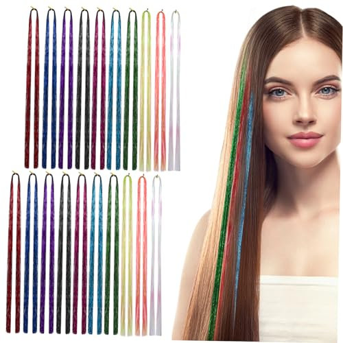 OATIPHO Glitzernde Bunte Haarsträhnen 20 Stück 90cm Lang Haarschmuck Zum Flechten Für Damen Und Mädchen Haar Glametta Haarverlängerungen Bunt