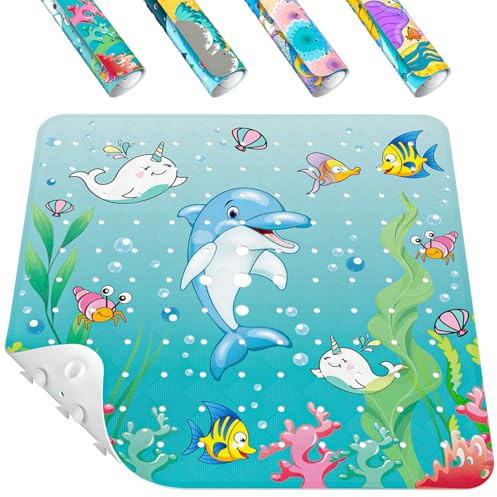HITSLAM Quadrato Tappetino Doccia Antiscivolo Bambini, 53 x 53 cm Tappetino da Bagno, Tappeto Doccia con Ventose Resistenti e fori di Drenaggio, Morbido sotto i piedi, lavabile in lavatrice, Delfino