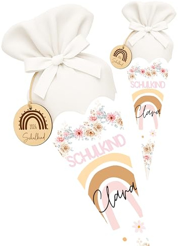Kidsmood Einhorn Schultüte personalisiert mit Namen – Rohling, Stoff & Schulkind-Schild für Einschulung 2026 mit strahlendem Einhorn Design – Geschenk Mädchen