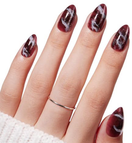 VSALON Faux Ongles à Presser Amande Courts – Marron Marbré Pailleté, Kit Ongles de Salon, Opaque, Reutilisables, Colle & Huile – 32 Pièces 16 Tailles