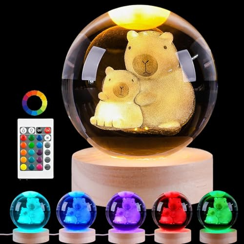 BIRBANN 3D Capybara Kristallkugel Nachtlicht 16 Farben Lampe 80mm Süßes Capybara Kristallkugel USB Ball Lampe Nachtlicht mit Holzsockel l Glas Lasergravur Geschenk für Frauen Kinder Freunde Familie