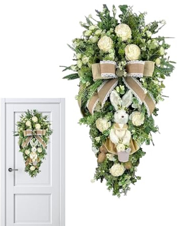Ostern Tropfenkranz | Künstlicher Ostern-Kranze | Bauernhaus-Verandas-Swag Mit Kaninchen – Für Haustür, Verandas, Innenbereich, Fenster, Kamin, Treppendekoration