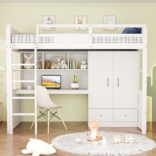 vutizal Hochbett 90x200 cm mit Schreibtisch | Weiß aus Holz mit integriertem Stauraum | Sicherheitsleiter & Kleiderschrank | Für Kinder- und Jugendzimmer