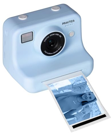 Praktica Snap & Stick Instant Print Kids Camera – Blue, Dual Lens with 4x Sticker Rolls (120 BPA-Free Stickers), Sticker Book & 8GB Micro SD Card for Parties, Playdates & Creative Fun