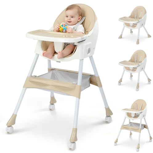 LEADZM 2 in 1 Babyhochstuhl, 3 Verstellbare Winkel, Abnehmbares Doppeltablett, Klappbar Hochstuhl Baby mit Universalrädern und Aufbewahrungs, Babys im Alter von 6–36 Monaten (Beige)