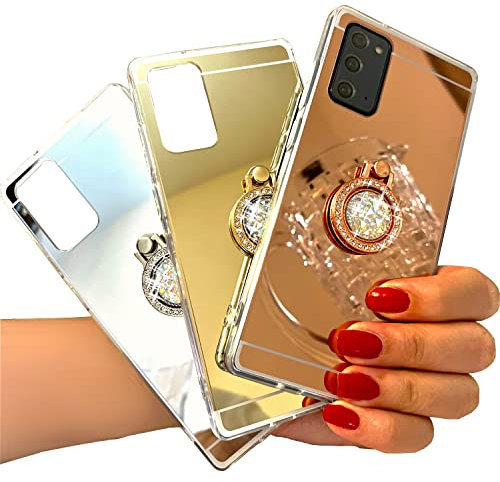 monjour Handy Hülle Ring Handytasche für Apple iPhone 6 / 6s mit Schminkspiegel Silikon Handyhülle Halterung in Gold mit Bling Bling Glitzer Brosche