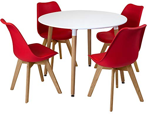 Charles Jacobs White Circular Dinner Table Set with 4 Dining Chairs - Red