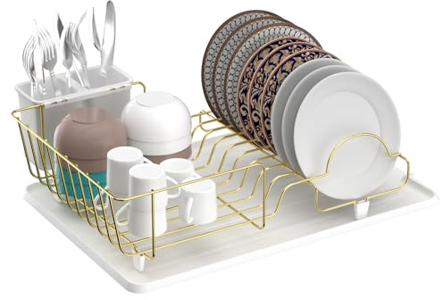 Buruis Dish Drying Rack, Gold Dish Drainer Organizer Includes Removable Drain Board and Utensil Holder, Large Capacity Metal Dish Racks for Kitchen (White)
