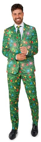 Suitmeister Costumes de Noël – Pull de Noël moche avec veste, pantalon et cravate Petit Arbre de Noël Vert Lumineux