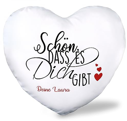 True Statements Herzkissen - Schön, dass es dich gibt - personalisiert mit Wunschnamen/Wunschtext - Kissen in Herzform inkl. Füllung - Geschenk zum Valentinstag