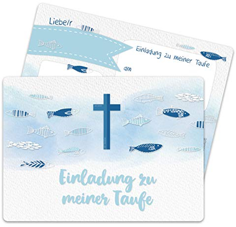 Papierdrachen 12 Einladungskarten zur Taufe - Motiv Kreuz und Fische - Einladung zur Heiligen Taufe für Mädchen und Jungen - hochwertig gedruckt in DIN A6