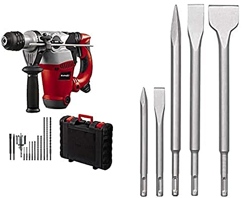 Einhell Bohrhammer-Set RT-RH 32 (1250 W, 3,5 J, Bohrleistung 32 mm, SDS-Plus-Aufnahme, Metall-Tiefenanschlag, 10 Bohrer, Bohrkrone, 2 Meißel, Koffer, inkl. 5-tlg. SDS-Plus Hammer-Meißel-Set)