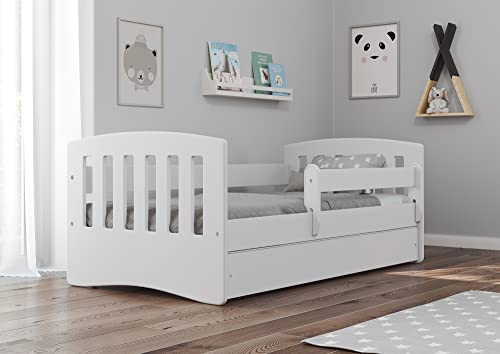 Bjird Kinderbett Jugendbett 80x160 80x180 mit Rausfallschutz Matratze Schublade und Lattenrost Kinderbetten für Mädchen und Junge - Classic I (80 x 160 cm mit Matratze, Weiß)