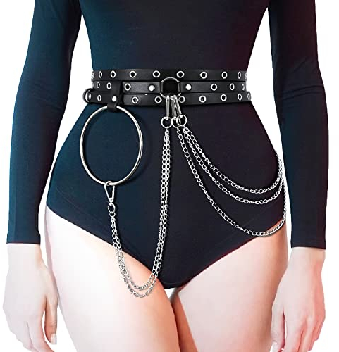 LEACOOLKEY Frauen Punk Taillenkette Gürtel Schwarz, verstellbare Körperkette Gothic Bauch Taillengürtel Rock PU Leder geschichteter Gürtel für Mädchen Kleid Halloween Kostüm