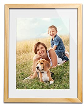 KHG Bilderrahmen lackiert mit stabilem Glas und Passepartout, MDF Ideal für Portraits, Urkunden, Poster, Puzzles & Collagen, 40x50 cm Natur Hellbraun