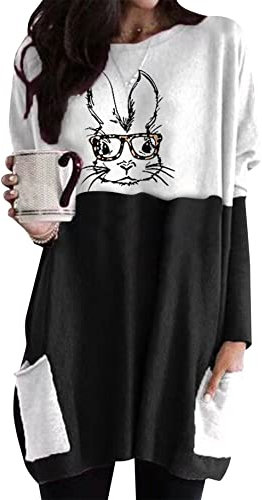 Yming Damen Langarm Sweatshirts Ostern Rundhals Winter Osternhase mit Taschen Schwarz Brillenhase M