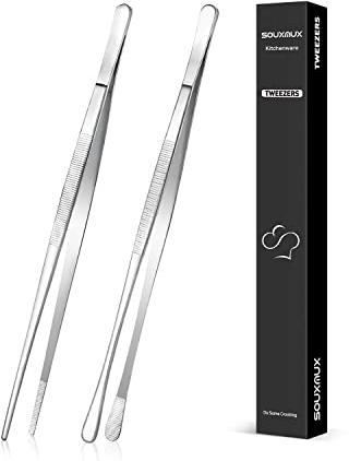 2 Pcs 25.5cm Cooking Tweezers Tongs Precision Serrated Tips, Stainless Steel Professional Chef Tweezer Kitchen Tools for BBQ, Plating and Serving (Silver)