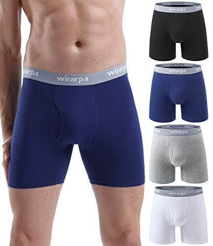 wirarpa Boxer Uomo Cotone Elasticizzato Mutande Uomo Intimo Maschile con Vola Aperta Pacco da 4 Multicolore-Nero Grigio Bianco Blu Scuro Dimensione M