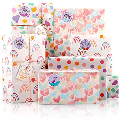 MAMUNU Rosa Geschenkpapier Set, 8 Blätter Geschenkpapier Geburtstag für Frauen Mädchen, Bunt Geschenkpapier Regenbogen Herz Entwurf, Geschenkpapier & Geschenkanhänger für Valentinstag Hochzeit