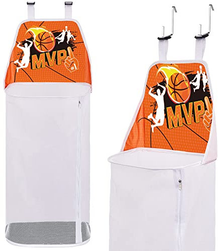 Basketball Laundry Hamper Over the Door Space Saving Hanging Mesh Laundry Basketball Hoop with Metal Hooks Laundry Hamper Basket For Kids Boys Girl Fun Birthday Gift Room Decor Collapsible