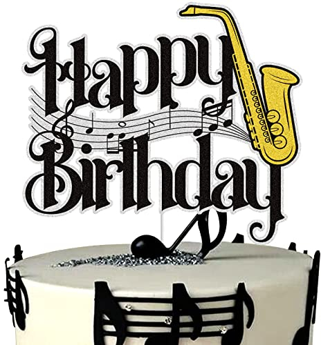 Saxophon Happy Birthday Cake Topper Schwarz Gold Glitzer Saxophon Musik Noten Kuchen Dekorationen Musik Liebhaber Band Thema Geburtstag Party Supplies für Musiker