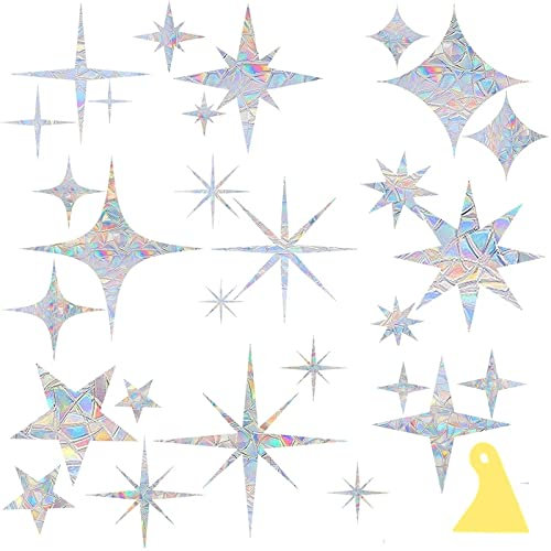runrayay 36Pcs Star Window Clings with Scraper, Rainbow Window Film Suncatcher Stickers for Glass Windows, Window Decals for Bird Strike Prevention